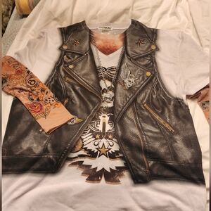 Faux Real biker vest tatoo sleeve hairy chest long sleeve tshirt